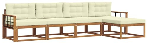 vidaXL Outdoor-Sofagarnitur mit Kissen 5 pcs Natur und Creme, Outdoor-Möbel-Set, modernes Patio-Sofa, wetterfestes Lounge-Set, Latten-Sofa, modulares Sofa