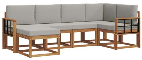 vidaXL Outdoor-Sofagarnitur mit Kissen 6 pcs Natürlich und Hellgrau, Outdoor-Sofa-Set, Moderne Terrassenlounge, langlebige Gartenmöbel, modular, Terrassensitzmöbel