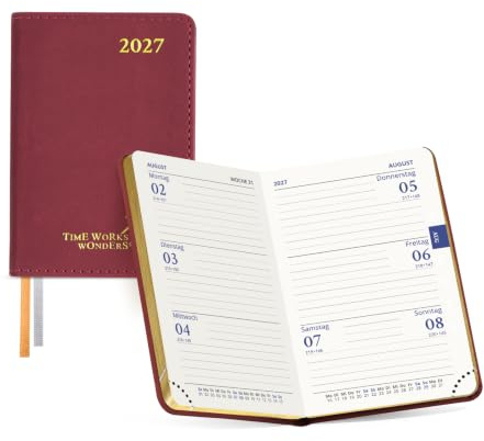 POPRUN Mini Taschenkalender 2027 Klein auf Deutsch mit Goldschnitt | Kalender 2027 A7,(Jan.2027-Dez.2027),PU-Softcover,1 Woche 2 Seite,(Montag - Sonntag),Terminplaner mit 70 GSM Papier(Burgund)