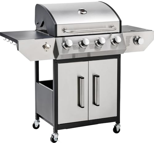 BBQ Gasgrill FlameMaster PRO 4+1 Brenner - Grill aus Edelstahl - 4 Hauptbrenner 3kW + 1 Seitenbrenner 2,5kW - fahrbarer Grillwagen mit Deckel & Thermometer