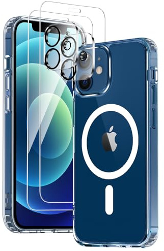 Vuletc Coque Antichoc pour iPhone 12 Mini Compatible MagSafe, Transparente | Étui Magnétique avec 2 Verres Trempés et 2 Caméra Protecteur, Anti-Jaune Anti-Rayures Dos PC et Bumper TPU