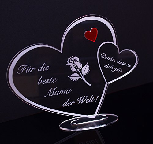 Acryl Schild in Herz Form Für die Beste Mama der Welt Perfekt zu Muttertag oder Weihnachten, mit Lasergravur, Geschenk, 205 mm x 170 mm (Für die Beste Mama der Welt!)