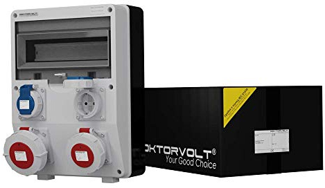 Doktorvolt Baustromverteiler TD 2x230V/16A 1x400V/16A 1x 400V/32A CEE mit TH/TS 35 Schiene und IP65 Schutzklasse für Baustellen, Werkstätten und Industriebetriebe