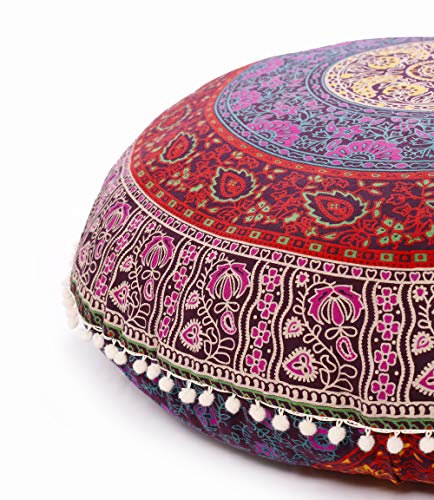 Popular Handicrafts Bodenkissen Kissenbezug – Hippie Mandala Kissenbezug groß mit Pom Poms weiche Partikel – Pouf Cover rund Bohemian Yoga Dekor, 81,3 cm Multi