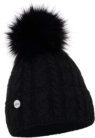 ELIMELI® Damen Winter Mütze warme Strickmütze Wintermütze mit Bommel Slouch Strick Beanie Damen für Winter Bommelmütze Hergestellt in EU Farbenauswahl 15568 (Schwarz)
