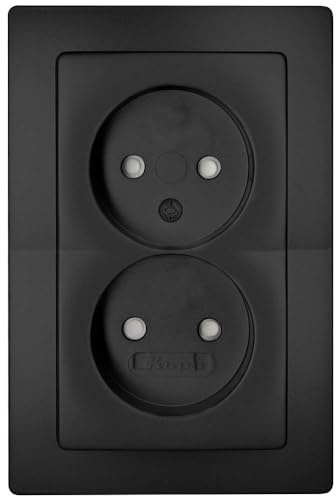 Kopp Paris Steckdose ohne Schutzkontakt, 2-fach, mit Berührungsschutz, Komplettgerät für den Einbau in eine 1-fach Schalterdose Ø 60mm, 16A, 250V~, IP20, schwarz, matte Oberfläche, 944750081