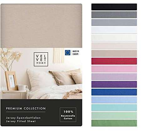 VelvetHome Spannbettlaken 200x220cm 100% gekämmte Baumwolle Made in EU Jersey Bettlaken 200x220 bis 25 cm Matratzenhöhe Spannbetttuch 200x220 Premium Qualität Schönen Farben Cappuccino 200 x 220