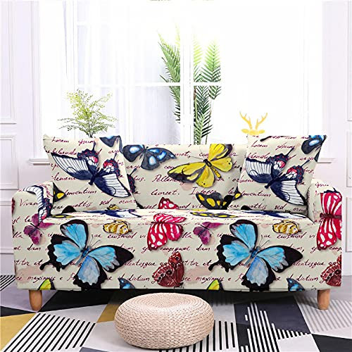 Hearda Stretch Sofabezug Sofahusse, Schmetterlingsdruck Spandex Elastische Sofa Sofaüberwurf Sesselhussen 1/2/3/4-Sitzer Couchbezug mit Anti-Rutsch-Schaumstoffe (Bunt,4-Sitzer 235-300cm)