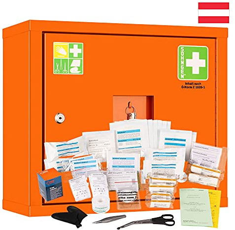SÖHNGEN Söhngen Sanitätswandschrank JUNIORSAFE, orange, mit Füllung Ö-Norm Z 1020 Typ 1 aus Stahl, Art.-Nr. 0503019 + 0390901 | Erste Hilfe Schrank | Verbandsschrank | Sanitätswandschrank