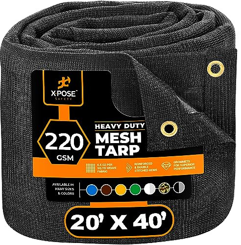 Xpose Safety Heavy Duty Mesh Tarp – 20' x 40' Multipurpose Black Protective Cover with Air Flow - Use for Tie Downs, Shade, Fences, Canopies, Dump Trucks – Weather and Tear Resistant
