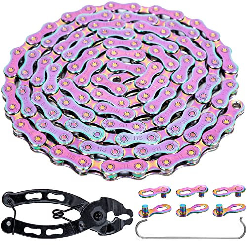 YBEKI 6/7/8/9/10/11 Speed Carbon Steel Bike Chain with Full Silver Plating, 116 Links, 3 Extra Master Links & Chain Tool - Compatible with Shimano/SRAM Mountain, Road (11 Speed, Multicolour, 1)