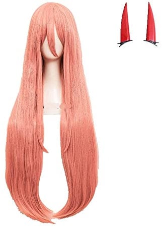 Wig For Chainsaw Man Power Cosplay Wig 80cm Long Pink Straight Heat Resistant Synthetic Hair Wig + Wig Cap + Horns OneSize withhorns