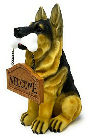 Nature's Mark Deutscher Schäferhund Welpe Statue mit wendbarem Willkommensschild und Go Away Schild Kunstharz Gartendekoration 30,5 cm H