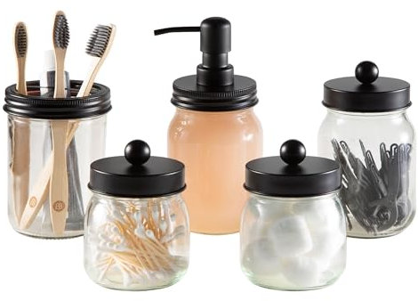 Mason Jar Bathroom Accessories Set – 5-Piece Bathroom Set with Toothbrush Holder, Soap Dispenser, Canister, and 2 Small Jars by Lavish Home (Black)