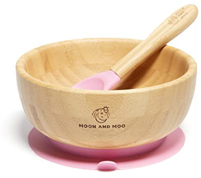 Moon and Moo Ensemble bol et cuillère en bambou pour enfants, tout-petits et bébés - Non toxique - Sans plastique - Reste en place - Bol à ventouse pour bébé - Ensemble de sevrage