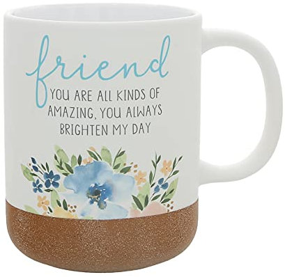 Pavilion Gift Company - Friend - Tazza in gres porcellanato da 473 ml con fondo smaltato sabbioso, motivo floreale, tazza da caffè con manico grande, regalo di compleanno per amici, tazza per le donne