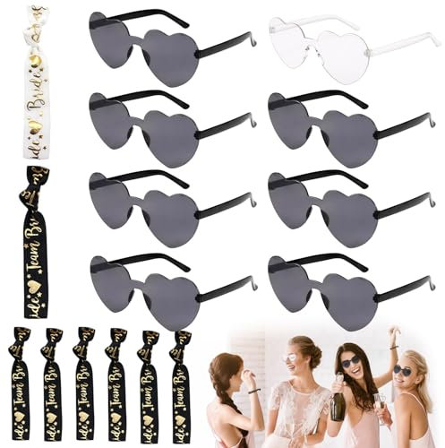 Meanju Bride Herz Sonnenbrille,16 Stück Jga Brille Team Braut Armbänder,Jungesellinnenabschied Frau Accessoires,Bride to Be Party Sonnenbrillen Set Herz,JGA Deko Accessoires Schwarz