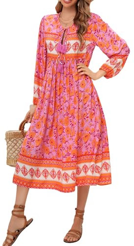 R.Vivimos Donne Eleganti Casual Bohemian Print Neck Tie Maniche Lunghe Abito da Spiaggia Lungo Midi Vestito Vacanze(XL,Lilac)