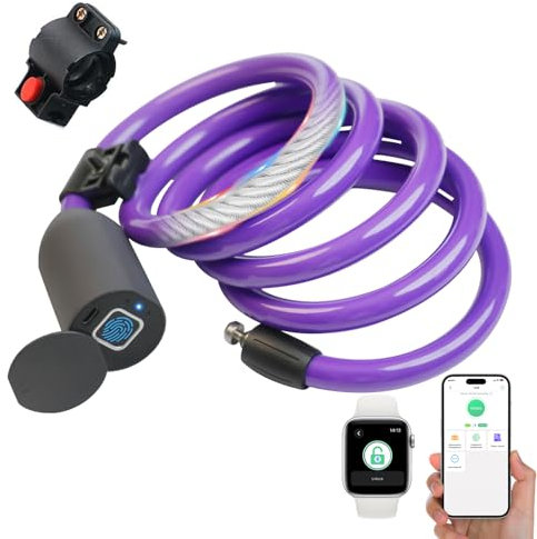 Electronic Cable Lock eLinkSmart Bicycle Lock Fingerprint Bluetooth App 150cm Long Keyless Steel Cable Lock for Electric Bike Scooter Motorcycle Door Waterproof Purple