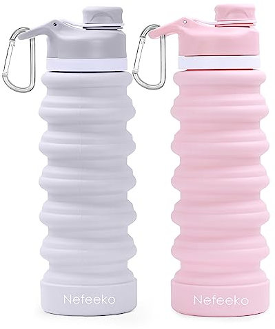 Nefeeko Collapsible Water Bottle, 2 Pack 26oz Silicone Foldable Water Bottles Leakproof BPA Free Travel Water Bottles with Carabiner, Portable Sport Water Bottles for Hiking Outdoor Indoor Sport