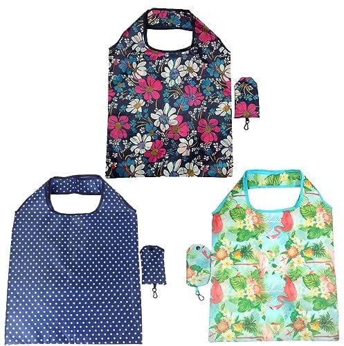 FAVORTALK Folding Shopping Bags Packaway Foldable - 3 Pcs Large Capacity Reusable Grocery Bag Foldaway Washable Floral Shopper Bags Lightweight for Travel Camping Nylon D8311