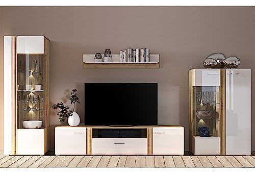 Lomadox Wohnwand Anbauwand Fernsehwand TV Wand in Eiche Nb. modern mit Fronten in Hochglanz weiß 4-teilig, Vitrinenschrank, TV-Lowboard, Highboard und Wandregal, inkl. LED Beleuchtung