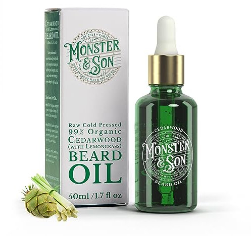 Monster&Son Zedernholz mit Zitronengras, rohes, kaltgepresstes Bio-Bartöl, 50 ml, spendet Feuchtigkeit, frisiert und fördert neues Haarwachstum, reich an Vitaminen und Mineralien, Jojoba-, Argan- und