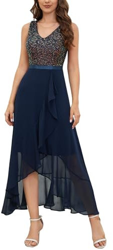Berylove Abendkleid Glitzer Ballkleider Damen Lang Cocktailkleid Damen Elegant für Hochzeit Kleid Party Blau Vorne Kurz Hinten Lang BLS0015 Navy L