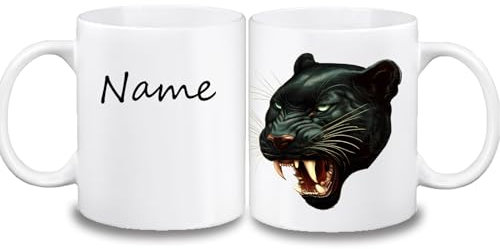 Kinder Tasse mit Name/Farbwahl Tasse + Schriftwahl für Name + Keramik oder Kunststoff (Panther)