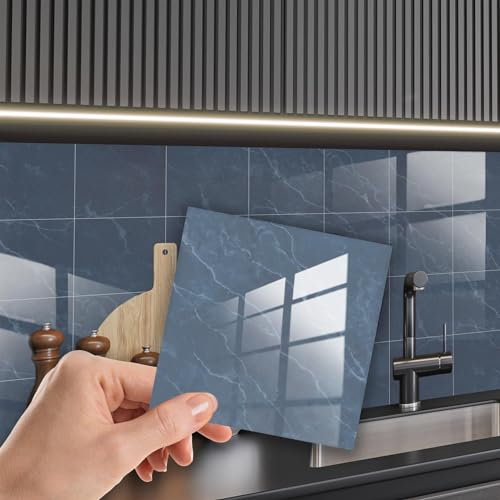 WALPLUS Glossy Blue Terrazzo Effect Steel Blue Kitchen Tile Stickers - 24 Self Adhesive Removable 15x15cm(6) Stick on Tiles for Walls