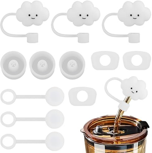 Spill Stopper Cloud Shape Universal Drinking Silicone Straw Cover Cap (3pcs Straw Topper, 3pcs Rectangle Spill Stopper, 3pcs Round Lid Spill Stopper, 3pcs Cloud Straw Cover)(Color:White)