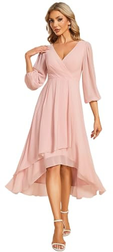 Ever-Pretty Women's Wedding Guest Dresses with 3/4 Sleeves V-Neck Bridesmaid Dresses Pink 16