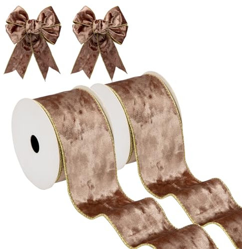 Hollyone 2PCS Bronze Samtband 6.3cm x 10yds, Vintage Weihnachtsband für Geschenkverpackungen, breites Geschenkband für Weihnachtsdekoration, Kranzschleifen Dekoration Handwerk Hochzeit Geburtstag