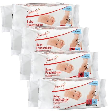 Jeden Tag Baby Feuchttücher Sensitiv mit Kamille & Aloe Vera 2x 80 Tücher | Parfümfrei, Pflegt und reinigt empfindliche Haut, pH Hautneutral, Sanfte Sauberkeit für Ihr Baby. (4er Pack)