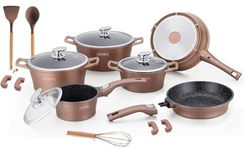 Lot de 17 batteries casseroles et poêles en aluminium moulé sous pression, revêtement en marbre, idéal pour induction ou gaz, couvercles en verre et outils inclus Redevance RL-ES2014M (Rame)