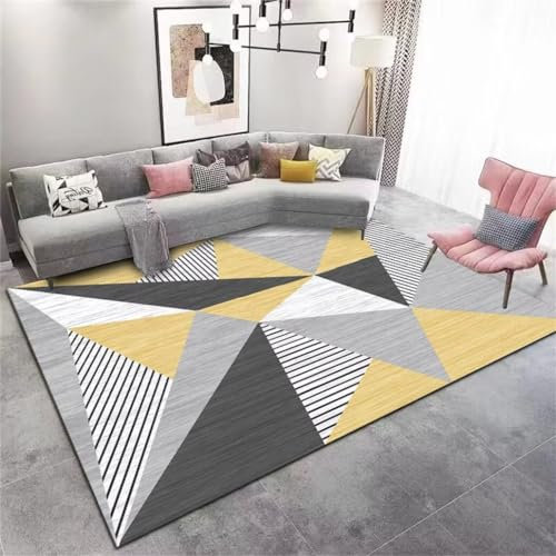 QGYFRE Waschbarer Teppich Kinderzimmer lang senfgelb 80x150CM Kinderteppich Waschbar Carpet Living Room Grauer Flurteppich Rutschfester geometrischer
