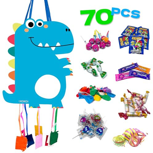 Piñata Cumpleaños Infantil - Piñata + Pack 70 Juguetes y Chuches Sin Gluten de Relleno Piñata - Piñata Cumpleaños - Piñatas Infantiles - Piñata Dinosaurio - Piñatas - Chuches Piñata - PARTY4EVER