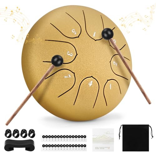 Steel Tongue Drum, 6 Zoll 8 Töne Zungentrommel Mit Trommelstöcken, Mit Tragetasche Und 4 Fingerauflagen, Handpan Geeignet Für Meditation, Yoga, Klangtherapie(Gold)