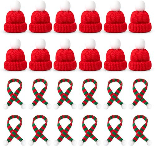 Heveer Mini Weihnachtsmütze und Schal Set Klein Strickmütze Gestrickter Schal für Tischdeko Flaschen Dekoration Geschenk 24 Stück