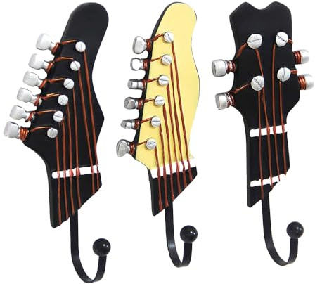 Sarini 3Pcs Vintage Guitar Shaped Decorative Hooks Rack Hangers for Hanging Clothes Coats Towels Keys Hats Metal Resin Hooks Wall Mounted Heavy Duty