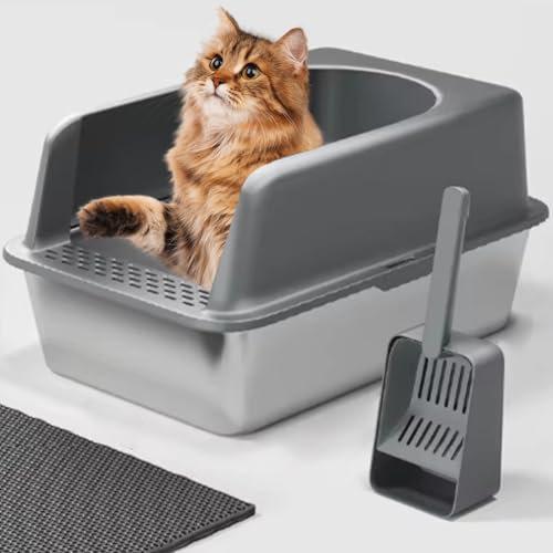 Large Metal Litter Box, 20L Stainless Steel Cat Litter Box with Double Layer Sand Isolation Pad, Multifunctional Cat Litter Scoop, Semi-enclosed Cat Toilet for Big & Multiple Cats dark gray