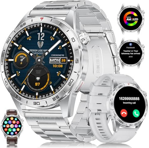 LIGE Smartwatch Herren mit Telefonfunktionfür Android iOS,1.43'' Amoled Display,400mAh Akku,110+ Sportmodi,Bluetooth-Anrufe,IP68 Wasserdicht Fitnessuhr mit Herzfrequenz,SpO2,Schlafmonitor,3 Armbänder