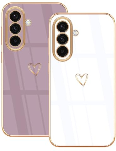 Lonrapa 2 Stück Hülle für Samsung Galaxy A56 5G Handyhülle mit Süße Herz Muster Motiv Weiche TPU Silikon Stoßfest Bumper Schutzhülle Galaxy A56 5G Phone Case Cover für Mädchen Frauen - Weiß & Lila