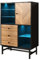 Azkoeesy Sideboard, Highboard, mit LED-Beleuchtung und Glasböden, 80 x 40 x 140 cm, 3 Schubalden, Vitrine mit Viel Stauraum, Schwarz und Naturfarbe