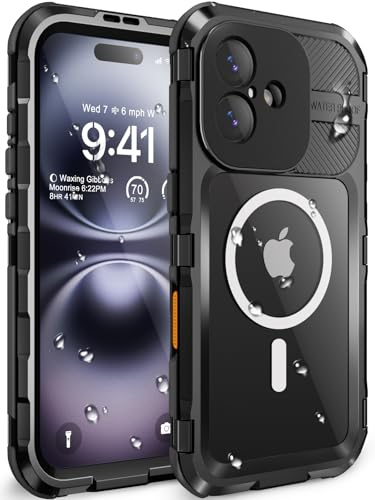 WIFORT for iPhone 16 Plus Waterproof Case, Heavy Duty Metal Cover with Built-in Screen Protector [Compatible with Magsafe], 360° Full Body Protective Shockproof Case for iPhone 16 Plus, 6.7 Black