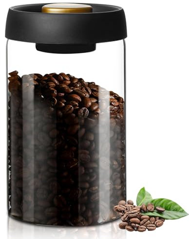 WANDGU Barattolo per caffè sottovuoto da 1200 ml in vetro: contenitore per chicchi di caffè in vetro con coperchio sottovuoto, ermetico per chicchi di caffè, cereali