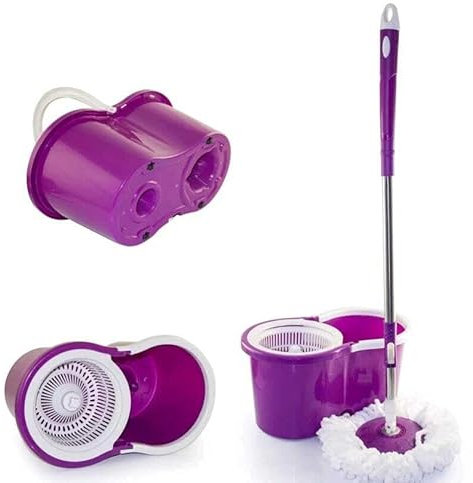 360 Spin Mop & Bucket Set With Two Mop Heads, Microfibre Mop Anti-Splash Strong And Sturdy Material Design Easy Floor Cleaning System for Home & Office Set Of 1x Mop And 1x Bucket, Purple