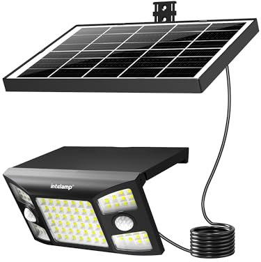 INTELAMP Faretto LED da Esterno con Sensore di Movimento, 8000mAh Batteria 2000LM 3 Modalità Faro Led Esterno con Pannello Solare, IP65 Impermeabile per Garage Giardino, Cavo da 4M