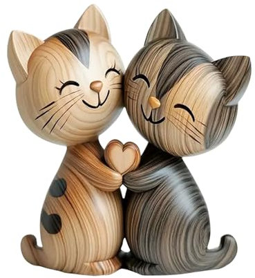 LunarCharm Holzskulptur eines Katzenpaars – 2D-Flache Schreibtischdekoration mit Umarmung, Dekoration für Zuhause und Büro, einzigartiges Geschenk für Katzenliebhaber