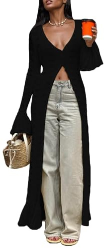 Unybwonn Long Cardigans for Women Crochet Hollow Out Knit Sweater Cover up Maxi Dress Long Sleeve Button Down Cardigan